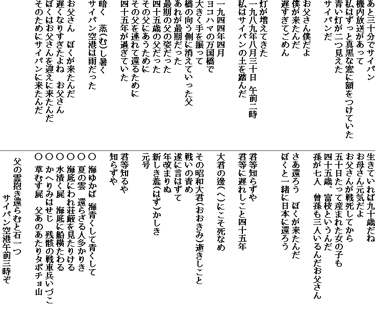 ���ƎO�\���ŃT�C�p��
�@��������������
���͂����Ɛ^���ȑ��Ɋz�����Ă���  
�������������
�T�C�p����

��������l����
�l��������
�x�����Ă��߂�

���������Ă���
��㔪��N�����O�\�� �ߑO��
���̓T�C�p���̓y�𓥂�

���l�l�N�l��
���R�n�}�̖�������
�傫�����U����
���̌������ɏ����Ă�������
���ꂪ�Ŋ�������
�Ŋ��̕��̎p������
�l�\�܍΂̕�������
���̕��ɂ������߂�
���̕���A��Ċ҂邽�߂�
�l�\�ܔN���߂��Ă���

�Â��@��(��)������
�T�C�p����`�͉J������

��������@�ڂ���������
�x���Ȃ肷������ˁ@��������
�ڂ��͂���������}���ɗ�����
���̂��߂ɃT�C�p���ɗ�����



�����Ă���΋�\�΂���
���ꂳ�񌳋C����
�������񂪐펀���Ă���
�܏\�������ĎY�܂ꂽ���̎q��
�l�\�܍΁A�x�}�Ƃ�����
�������l�@�\�����O�l����񂾂�������  

�����҂낤�@�ڂ���������
�ڂ��ƈꏏ�ɓ��{�Ɋ҂낤


�N���m�炸��
�N���ɒx�ꂵ���Ǝl�\�ܔN

��N���(��)�ɂ������Ȃ�

���̏��a��N(��������)����������
�킢�̐ӂ�
���Ɍ��͂���
�N���܂��
�V�����(�͂�)������
����

�N���m���
�m�炸��

�� �C�䂩�� �C�����Đ�����
�� �Ẳ_�@�҂炴��l�����肫
�� �C��ɂ�ꑑ���������肯��
�� ���Ђ��r�@�C��ɑD�������
�� ���ւ�݂͂����@�c�[�̐�ԕ����Â�
�� ���ނ��r�@�����̂�����^�|�`���R

 ���̗�����҂�ނƐΈ��
         �T�C�p����`�ߑO�O����